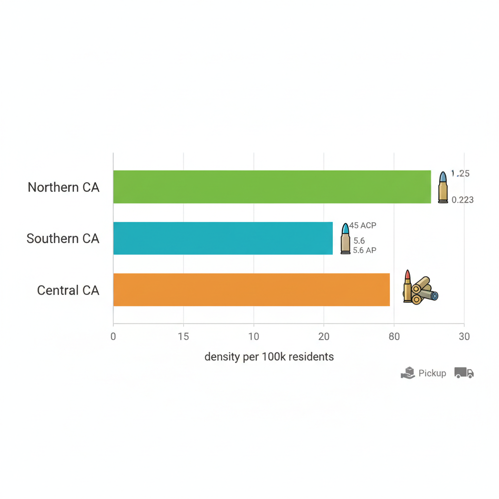Bar chart showing ammo store density comparison in Northern, Southern, and Central California regions with color-coded bars and caliber icons.