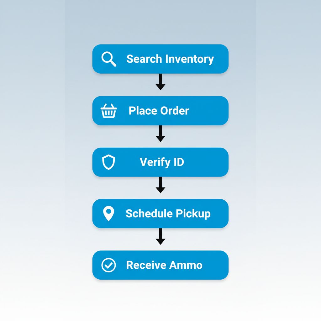 Vertical process flow illustrating five steps to legally access ammunition in California: search inventory, place order, verify ID, schedule pickup, and receive ammo.