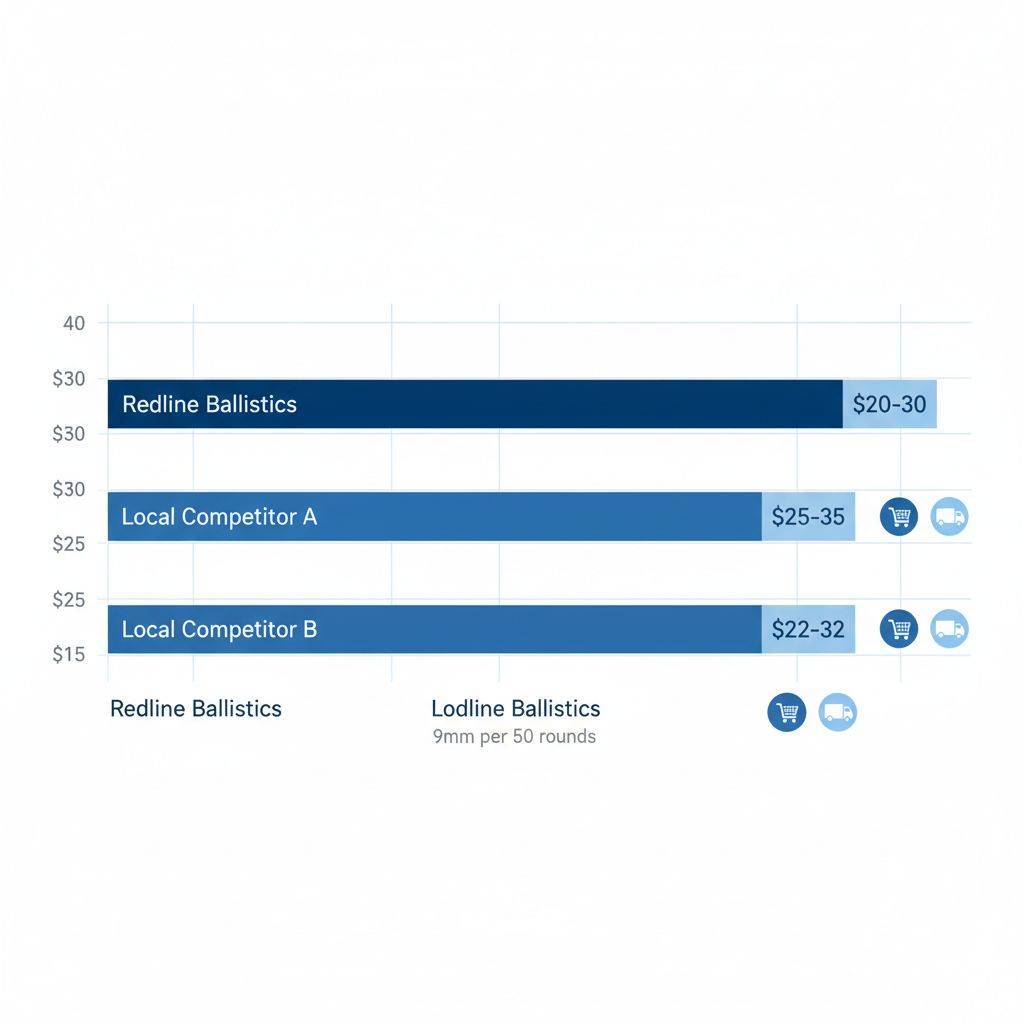 Horizontal bar chart comparing average 9mm ammunition prices per 50 rounds at Sacramento retailers: Redline Ballistics, Competitor A, and Competitor B, with icons for pickup and delivery.