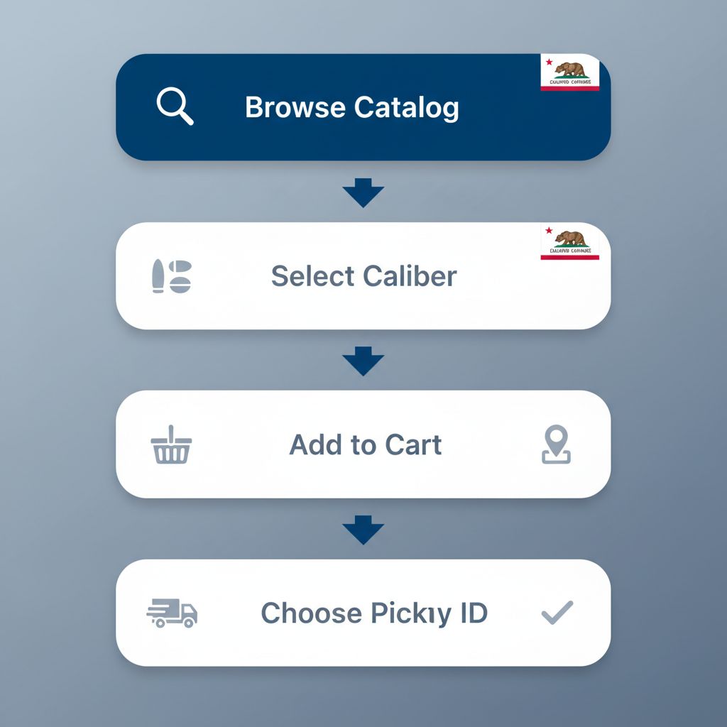 Vertical process flow illustrating steps for purchasing ammunition in Citrus Heights, including browsing, selection, cart, delivery options, and verification