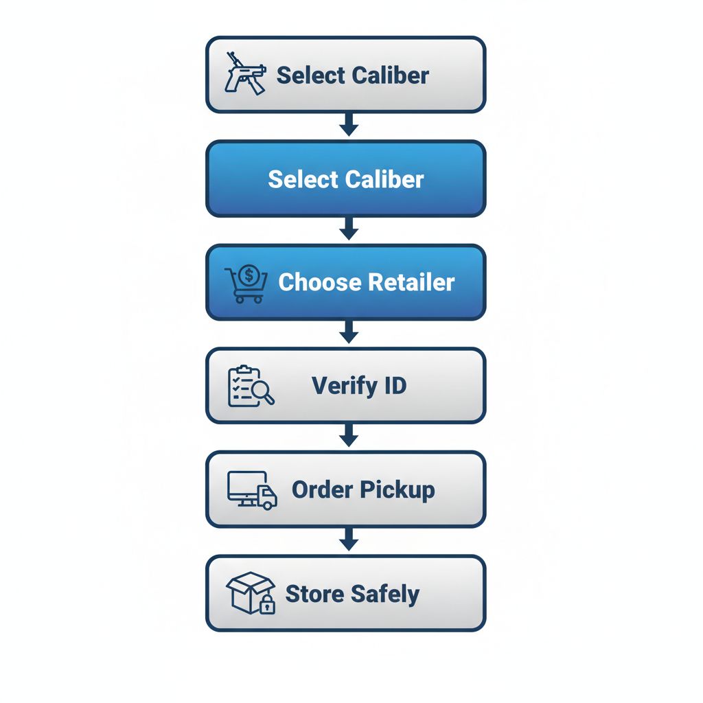 Vertical process flow diagram illustrating five steps to start ammunition purchases in Sacramento with safety icons.