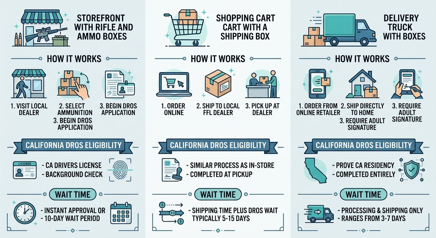 Comparison infographic of three ammunition buying methods in Sacramento: in-store purchase, online order with in-store pickup, and home delivery, each with process steps, DROS eligibility badge, and wait time indicator.